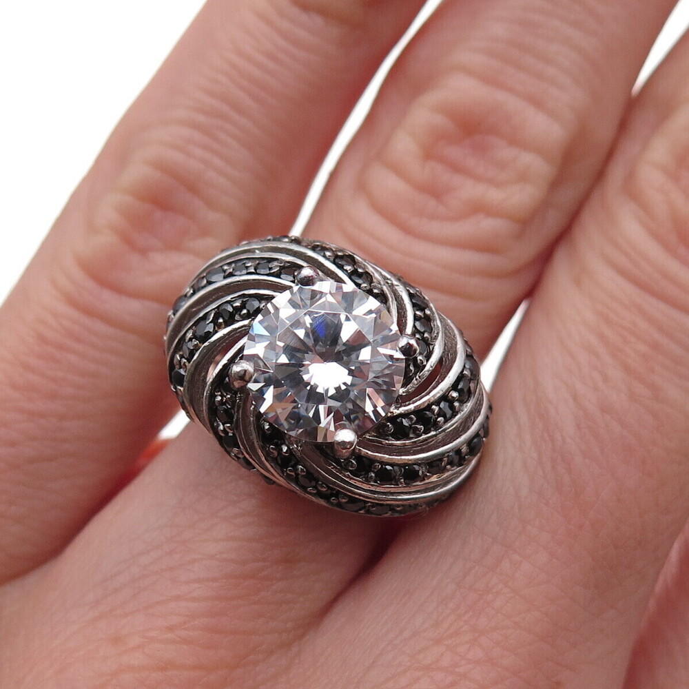 925 Sterling Silver Real Round-Cut Black Spinel & C Z Ring Size 6